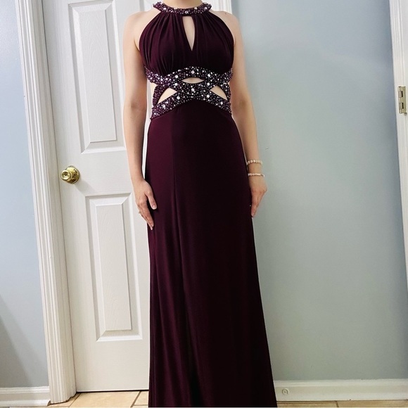 Y2K Formal Dress Long Halter Cut Out Maroon Gemstone Extra Small - Picture 10 of 10